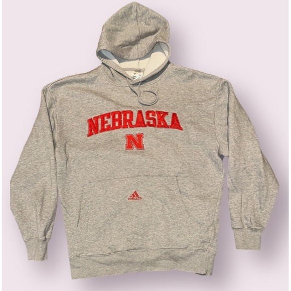 Adidas Nebraska Cornhuskers Hoodie Mens M Gray Red Logo NCAA College Sweatshirt - Picture 1 of 8